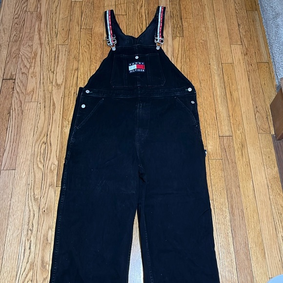 Tommy Hilfiger Vintage 90s Black Denim Overalls Loose Spellout Hip